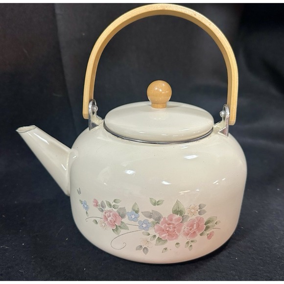 PFALTZGRAFF Tea Rose Enamel Metal Hot Water Kettle, Wood Handle 1985 - Picture 2 of 4